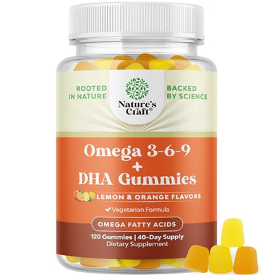 Omega 3 Gummies for Adults - Vegetarian Omega 3 6 9 DHA Gummies for Brain Bone and Heart Health and Joint Support - Burpless Fish Free Plant Based Supplement Men Women - 120 Count
