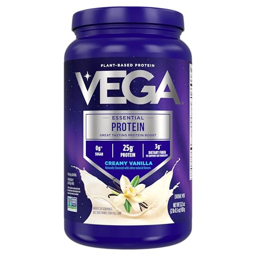 Vega Original Essential Protein - 25g Plant-Based Protein, Creamy Vanilla, 20 Servings, Vegan Non-GMO Drink Mix, Smoothie & Shake Ready, Gluten Free, Dairy Free, 32.5oz (Packaging May Vary)