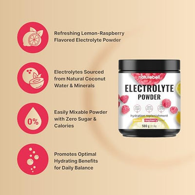 Naturebell Electrolytes Powder No Sugar, 500g (76 Servings) | Keto Fast Hydration Formula | 1,000mg Potassium + Trace Minerals & Coconut Water | Raspberry Lemonade Flavor | Carnivore Friendly