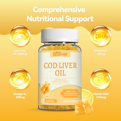 Babivek Cod Liver Oil Gummies 1000mg, for Adults & Kids with Omega-3 Vitamin A & D3, Fish Oil Supplement, Supports Eye Health, Brain Function & Bone Health, Sugar-Free, Non-GMO, Gluten-Free 60 Count