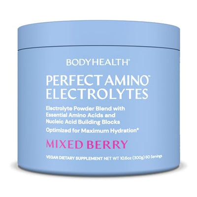 BodyHealth PerfectAmino Electrolytes Powder No Sugar, Keto Sugar Free Fasting Electrolytes Drink Mix, Hydration Powder with Trace Minerals - Mixed Berry - 60 Servings