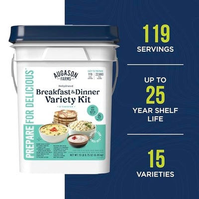 Augason Farms Breakfast and Dinner Variety Kit, Emergency Food Supply Dehydrated Meal Survival Bucket - 119 Servings