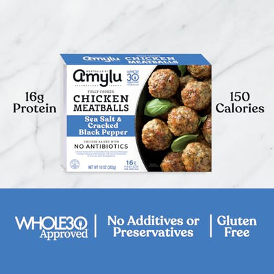 Amylu Foods Sea Salt & Cracked Black Pepper Chicken Meatballs, Natural Ingredients, 16g of Protein, Chicken Raised with No Antibiotics, Fully Cooked, Dairy-Free, Gluten-Free, Pork-Free, No Nitrates or Nitrites, 10 oz