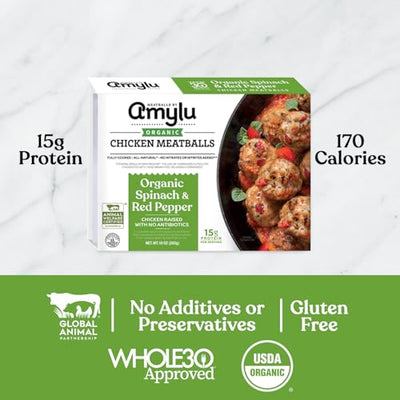 Amylu Foods Organic Spinach & Red Pepper Chicken Meatballs, Natural Ingredients, 15g of Protein, Chicken Raised with No Antibiotics, Fully Cooked, Dairy-Free, Gluten-Free, Pork-Free, No Nitrates or Nitrites, 10 oz