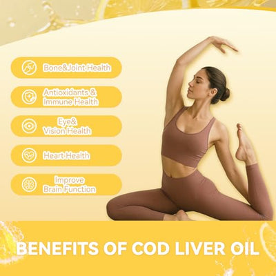 Babivek Cod Liver Oil Gummies 1000mg, for Adults & Kids with Omega-3 Vitamin A & D3, Fish Oil Supplement, Supports Eye Health, Brain Function & Bone Health, Sugar-Free, Non-GMO, Gluten-Free 60 Count