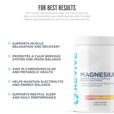 Revive MD Magnesium Powder Supplement - Magnesium Carbonate & Taurate Powder Drink Supports Healthy Bones, Muscles, & Nerves - Vegan-Friendly, Gluten-Free & Soy-Free (Raspberry Lemonade, 30 Servings)