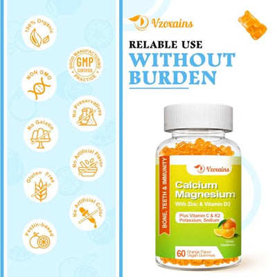 High Absorption Calcium Gummies, Sugar Free Calcium Magnesium Supplement with Potassium Vitamin D3 for Men and Women - Vegan, Orange Flavor 60 Cts