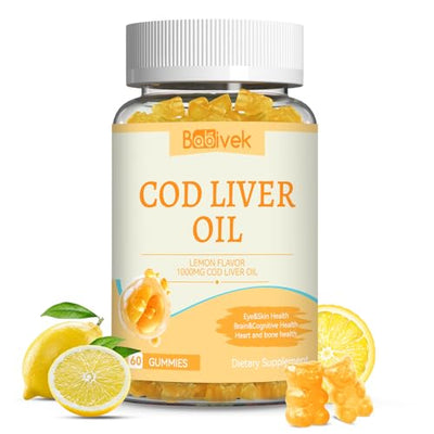 Babivek Cod Liver Oil Gummies 1000mg, for Adults & Kids with Omega-3 Vitamin A & D3, Fish Oil Supplement, Supports Eye Health, Brain Function & Bone Health, Sugar-Free, Non-GMO, Gluten-Free 60 Count