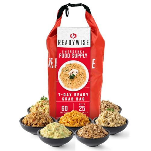 ReadyWise 7 Day Emergency Food Supply – 60 Servings Grab Bag, Camping Essentials, Freeze Dried Survival Food Kit & Dehydrated Meals, Prepper Bug Out Bag & Hurricane Supplies, up to 25 Year Shelf Life