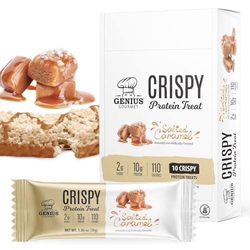 Genius Gourmet Crispy Protein Treat, Salted Caramel, Keto Snack, Low Carb, Low Sugar & Gluten Free, Protein Snacks for Adults, 10G of Whey Protein per Protein Bar, 5 Net Carbs, On The Go Snack, 10 CT