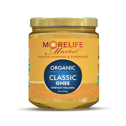 MoreLife Market Organic Classic Ghee | Traditional Ayurvedic Clarified Butter for Cooking & Wellness | Digestion & Skin Health – Lactose-Free, Preservative-Free | Ayurvedic Ghee – 9oz