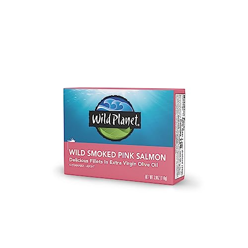 Wild Planet Wild Smoked Pink Salmon Fillets in Extra Virgin Olive Oil, Tinned Fish, Canned Salmon, Sustainably Wild-Caught, Non-GMO, Keto and Paleo, 3.9 oz