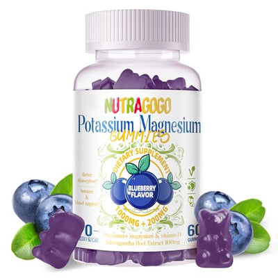 Potassium Magnesium Gummies,Potassium Supplement w/Ashwagandha,High Absorption Magnesium Glycinate,B6,D3,Potassium Citrate for Leg Cramps,Muscle,Electroyte for Adults Kids,Sugar-Free, 60 Gummies