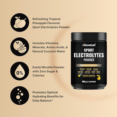 Sport Electrolytes Powder No Sugar, 500g (52 Servings) | Electrolyte Hydration Drink Mix with Sodium, Potassium, Magnesium, L-Glutamine, Beta Alanine, & Coconut Water – Tropical Pineapple Flavor