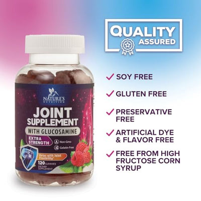 Joint Support Gummies - Glucosamine Plus Vitamin E Nature's Joint Support Supplement for Occasional Discomfort for Back, Knees & Hands - Cartilage & Joint Health & Flexibility Support - 120 Gummies