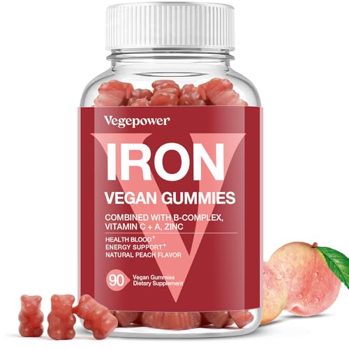 Vegan Iron Gummies Supplement - with Vitamin C, A, B-Complex, Folate, Zinc for Adults & Kids - Health Blood & Energy Support for Iron Deficiency, Anemia, No After Taste - Peach Flavor (90 Ct)