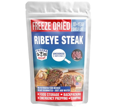 FREEZE MEAT Freeze-Dried Ribeye Steaks- Family Pack, 8.75 ounces, 10-Year Shelf Life, No Refrigeration Needed | Perfect for Backpacking, Camping, Emergencies, and Food Storage | Grass-Fed - Preserving Your Future