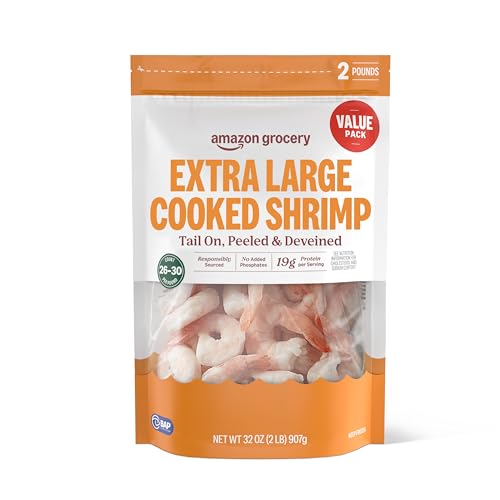 Amazon Fresh Brand, Cooked Extra Large Peeled & Deveined Tail On Shrimp Value Pack, Frozen, Responsibly Sourced, Phosphate Free, 2 Lb, (26-30 Count/Pound)