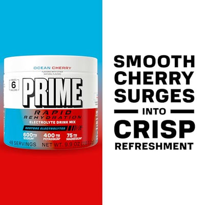 Prime Rapid Rehydration Electrolyte Powder, Ocean Cherry, Sugar Free Hydration Drink Mix with Sodium, Potassium, Magnesium & B Vitamins to Replenish Fluids, Caffeine Free, 6 Gallon Tub, 48 SRV
