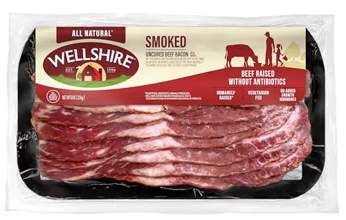 Wellshire Farms 8oz Uncured Smoked Beef Bacon – Made from Pasture-Raised Beef with No Antibiotics or Added Hormones, Bold Flavor and Ready to Serve