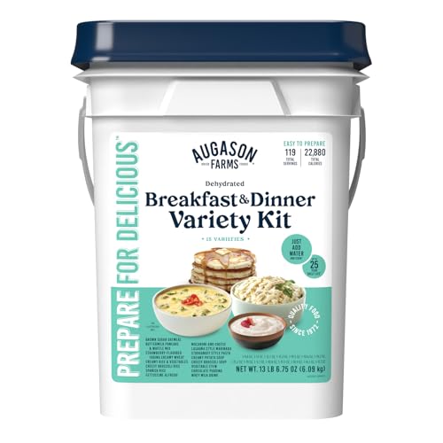 Augason Farms Breakfast and Dinner Variety Kit, Emergency Food Supply Dehydrated Meal Survival Bucket - 119 Servings