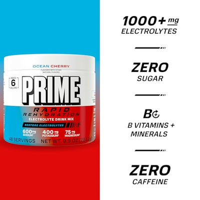 Prime Rapid Rehydration Electrolyte Powder, Ocean Cherry, Sugar Free Hydration Drink Mix with Sodium, Potassium, Magnesium & B Vitamins to Replenish Fluids, Caffeine Free, 6 Gallon Tub, 48 SRV