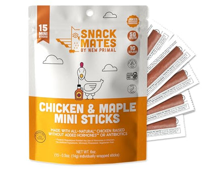 The New Primal Snack Mates Chicken & Maple Sticks, Gluten Free Healthy Snacks for Kids, Low Sugar High Protein Back to School Snacks, Mini Paleo Jerky Meat Stick, 5g Protein, 35 Calories, 15 Pack