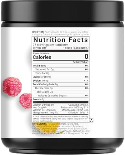 Naturebell Electrolytes Powder No Sugar, 500g (76 Servings) | Keto Fast Hydration Formula | 1,000mg Potassium + Trace Minerals & Coconut Water | Raspberry Lemonade Flavor | Carnivore Friendly