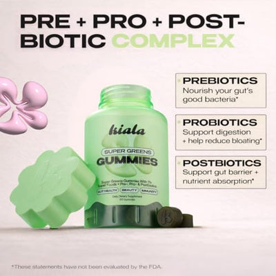 Kiala Nutrition Super Greens Gummies with 11x Organic Greens, Pre, Post & Probiotics, Antioxidants, Multivitamin, Fiber Supplement Supports Gut Health & Digestion, Dairy Free, Vegetarian, 60 Count