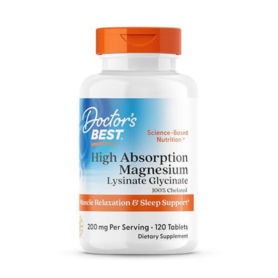 Doctor's Best High Absorption Magnesium Glycinate Lysinate Supplement for Sleep Support - Chelated Magnesium Tablets for Women & Men, 200mg per Serving, Supports Calm & Relaxation, Vegan - 120 Count
