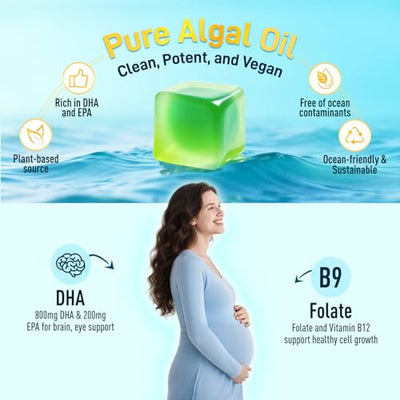 duwhot Vegan Omega-3 Gummies for Women, Algae DHA & EPA 1000mg, with CoQ10, Astaxanthin, Fish Oil Supplement Alternative for Adults, Heart & Brain Health, 60 Count