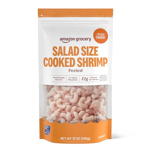 Amazon Fresh Brand, Wild Caught Cooked Salad Size Shrimp, 12 Oz (Frozen), Sustainably Sourced, Phosphate Free
