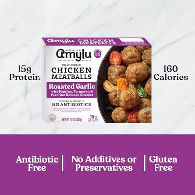 Amylu Foods Roasted Garlic Chicken Meatballs, Natural Ingredients, 15g of Protein, Chicken Raised with No Antibiotics, Fully Cooked, Gluten-Free, Pork-Free, No Nitrates or Nitrites, 10 oz