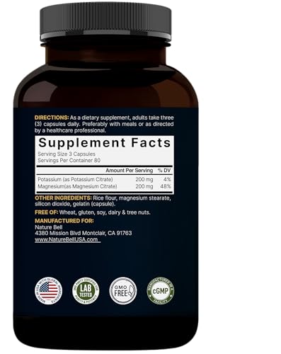 Naturebell Potassium Magnesium Electrolyte Powder Capsules | 200mg Potassium + 200mg Magnesium Citrate | Muscle, Heart & Hydration Support | Keto & Carnivore Friendly | No Sugar, Non-GMO