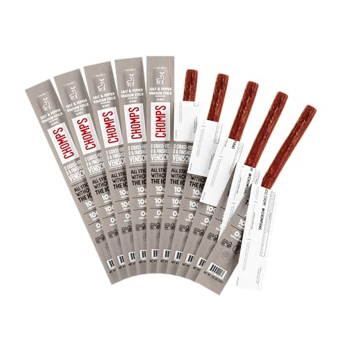Chomps Grass-Fed & Finished Salt & Pepper Venison Jerky Meat Snack Sticks 10-Pack - Keto, Paleo, Low Carb, Whole30 Approved, 10g Lean Meat Protein, Gluten Free, Zero Sugar Food