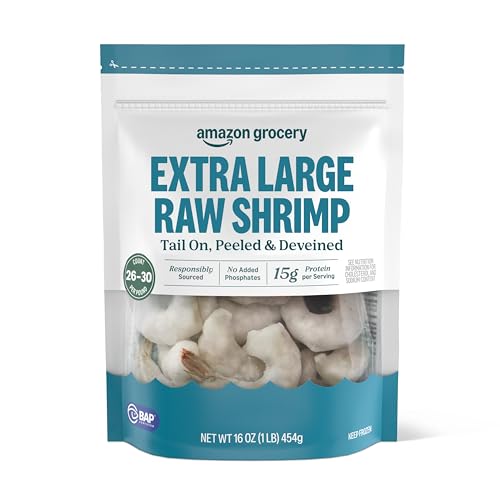 Amazon Grocery, Extra Large Raw Shrimp, Tail On, Peeled & Deveined, 16 oz, Frozen (Previously Amazon Fresh Brand, Packaging May Vary)