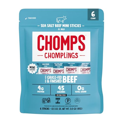 Chomps Mini Grass-Fed and Finished Sea Salt Beef Jerky Snack Sticks 6-Pack - Keto, Paleo, Whole30, 4g Lean Meat Protein, Gluten-Free, Zero Sugar Food, Non-GMO