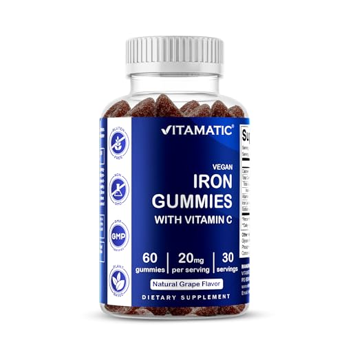 Vitamatic Iron Gummies Supplement for Women & Men - 20mg Serving - 60 Vegan Gummies - Great Tasting Iron Gummy Vitamins with Vitamin C (60 Count (Pack of 1))