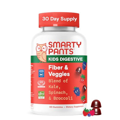 SmartyPants Kids Fiber & Veggies: Prebiotic Fiber Gummies for Kids, Fiber Supplement with Inulin, Organic Green Veggie Blend, Vegan, Gluten Free, Mixed Berry Flavor, 60 Count (30 Day Supply)