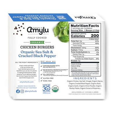Amylu Foods Organic Sea Salt & Cracked Black Pepper Chicken Burger, Natural Ingredients,19g of Protein, Chicken Raised with No Antibiotics, Fully Cooked, Dairy-Free, Gluten-Free, Pork-Free, Whole30, No Nitrates or Nitrites, 8 oz
