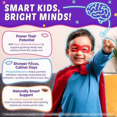 Kids Brain Gummies with Lion's Mane Mushroom, Methyl B6, B9, B12, Super Greens, Lutein, Brain Booster Supplement for Focus & Attention, Cognitive Function, Vision & Energy, Sugar Free, Vegan 60 Count