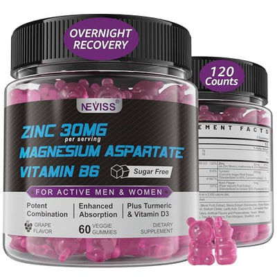Zinc and Magnesium Supplement, Zinc Magnesium Aspartate Post Workout Gummies for Men Women, with Vitamin B6, B12, D3, Turmeric for Nighttime Recovery, Reduce Fatigue, Boost Immunity & Sleep, 120 Count