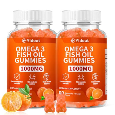 Yidout Omega 3 Fish Oil Gummies, Delicious Orange Flavor Fish Oil Gummy Supplements for Joint, Heart Health, & Brain Support (60 Count（Pack of 2）)