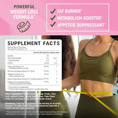 Women’s Fat Burner Gummies for Weight Loss | Green Tea, Green Coffee Bean, Garcinia Cambogia & Ketones | Fat Burners for Women Weight Loss Gummies | Green Tea Fat Burner Supplements | 60 Count