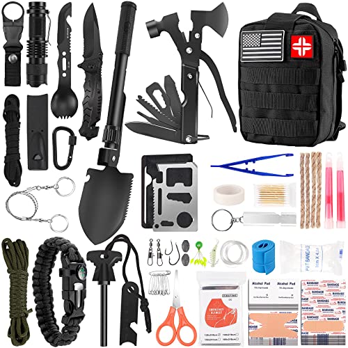 Emergency Survival Kit and First Aid Kit, 142Pcs Survival Gear and Supplies Equipment with Molle Pouch, Gift for Christmas Men Dad Husband Camping Essentials Hiking Hunting Outdoor Adventure (Black)