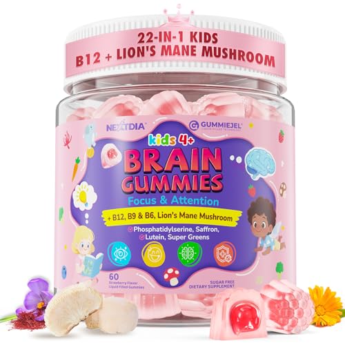 Kids Brain Gummies with Lion's Mane Mushroom, Methyl B6, B9, B12, Super Greens, Lutein, Brain Booster Supplement for Focus & Attention, Cognitive Function, Vision & Energy, Sugar Free, Vegan 60 Count