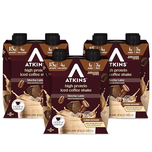 Atkins Mocha Latte Iced Coffee Flavored Protein Shake, High Protein, Low Glycemic, Low Carb and Low Sugar Shakes, Keto-Friendly, 12 Pack