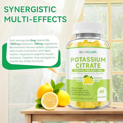 Potassium Citrate 1000mg Gummies, Potassium Supplement for Adults Women and Men, with Magnesium, Vitamin B6 Chewable Supplements, Support Electrolyte Balance, Leg Cramps & Muscle Health, 60 Count