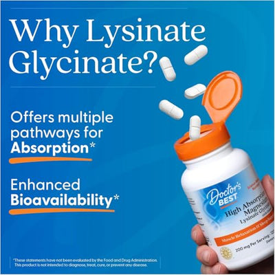 Doctor's Best High Absorption Magnesium Glycinate Lysinate Supplement for Sleep Support - Chelated Magnesium Tablets for Women & Men, 200mg per Serving, Supports Calm & Relaxation, Vegan - 120 Count