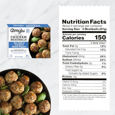 Amylu Foods Sea Salt & Cracked Black Pepper Chicken Meatballs, Natural Ingredients, 16g of Protein, Chicken Raised with No Antibiotics, Fully Cooked, Dairy-Free, Gluten-Free, Pork-Free, No Nitrates or Nitrites, 10 oz